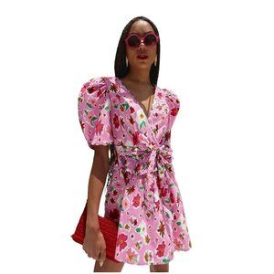 NWOT Celia B Amethyst Wrap Mini Dress Pink Floral Short Sleeve Ruffles Size LG